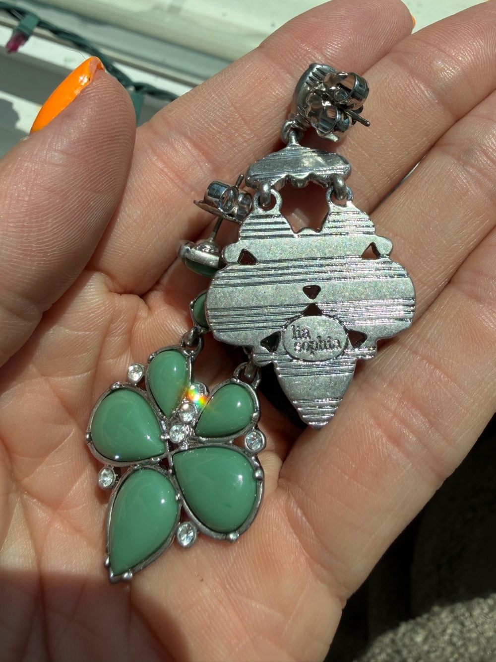 Lia Sophia Dangly Turquoise/Jade and Silver Earrings - Picture 4 of 4